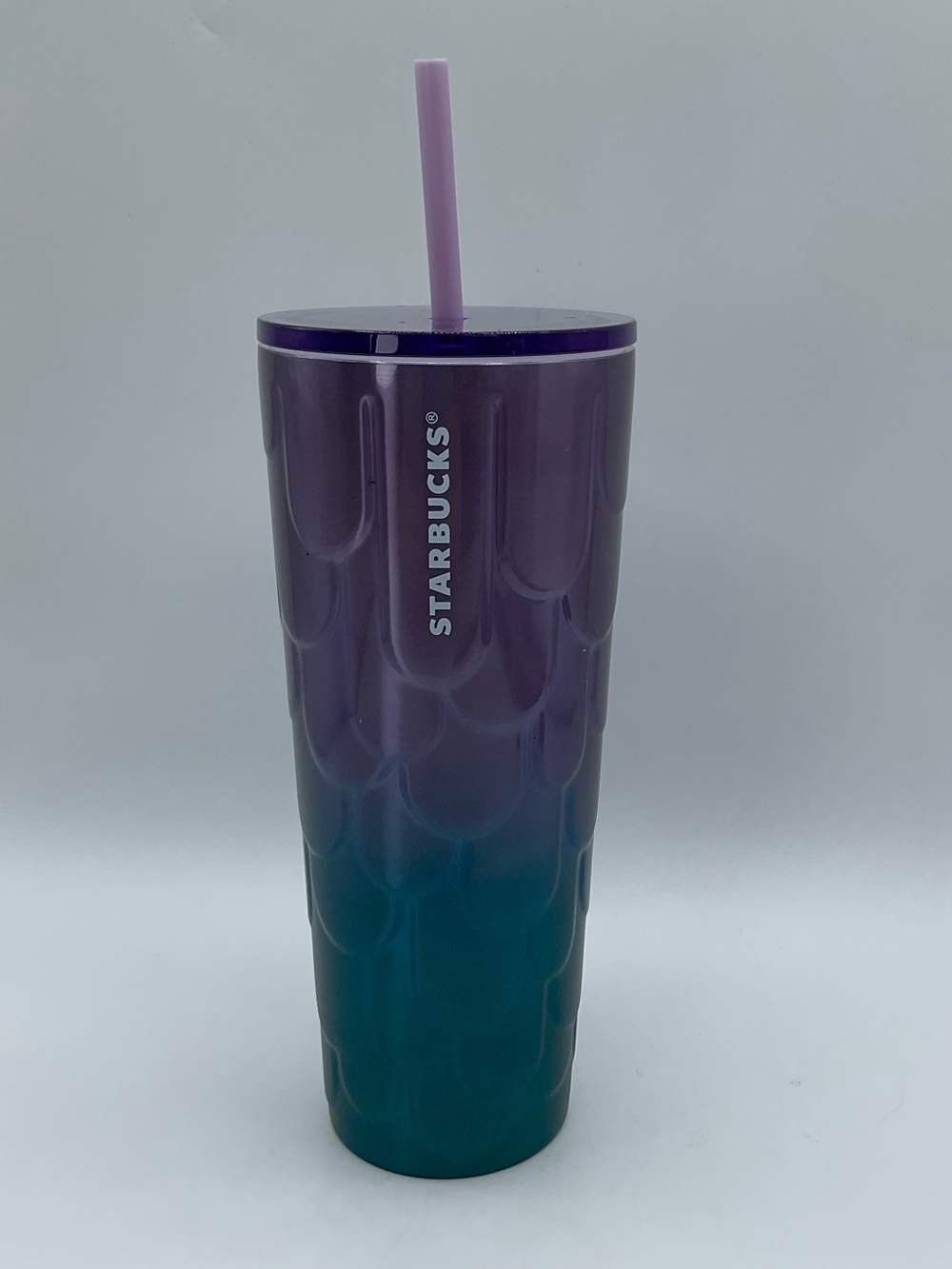 Starbucks 2014 Purple Teal Ombre Mermaid Scale 24 oz Cold Cup Tumbler Straw